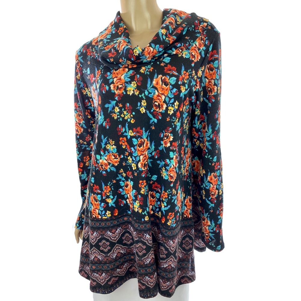 Living Doll Sz OX Cowl Neck Long Sleeve Top Sweater Back w/ Orange & Blue Floral